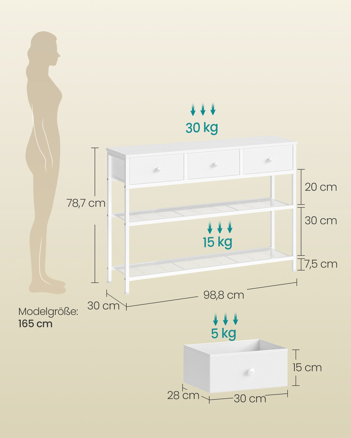 Smalle Wandtafel - Stalen Frame Met 3 Stoffen Lades - Voor Hal En Woonkamer