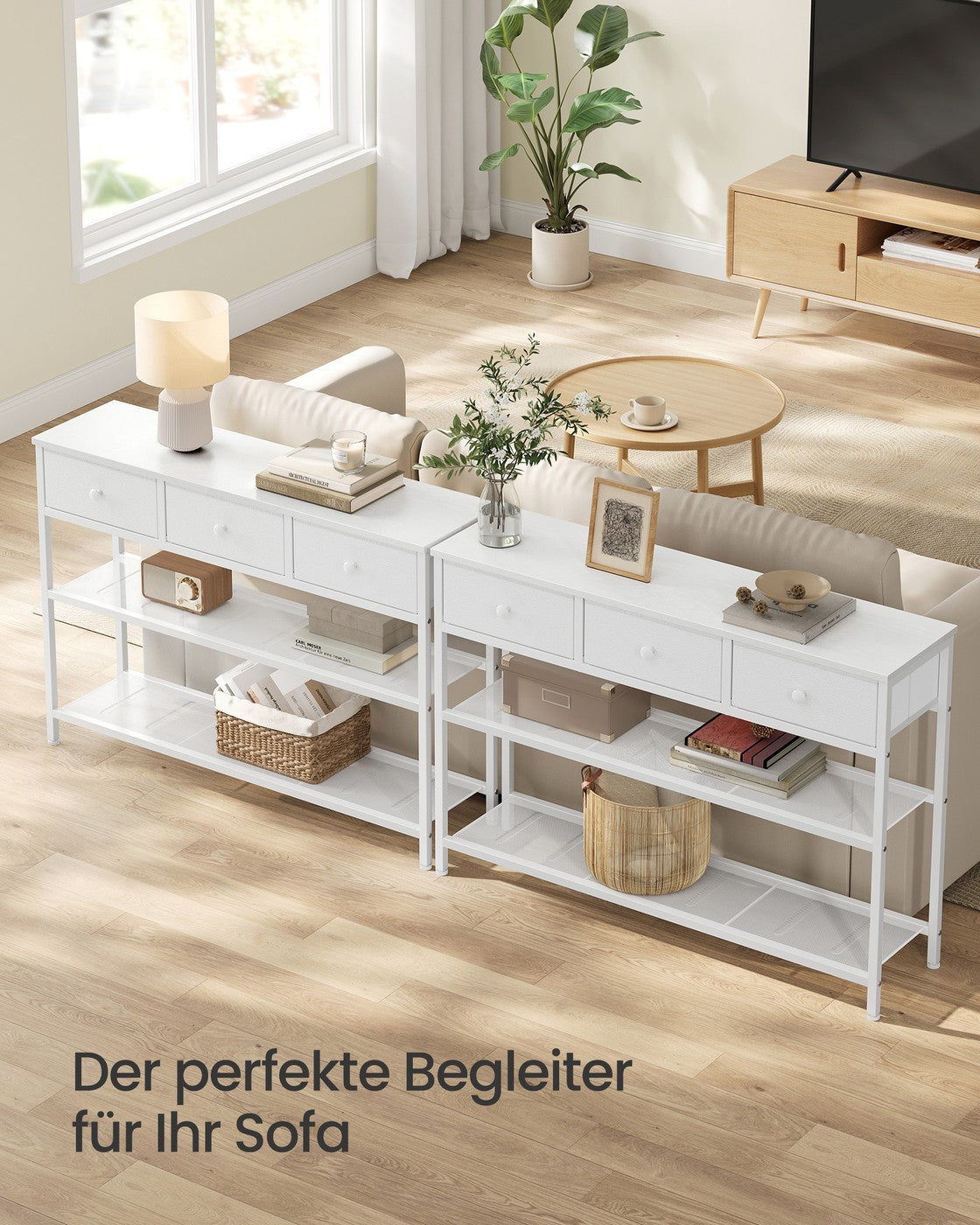 Smalle Wandtafel - Stalen Frame Met 3 Stoffen Lades - Voor Hal En Woonkamer