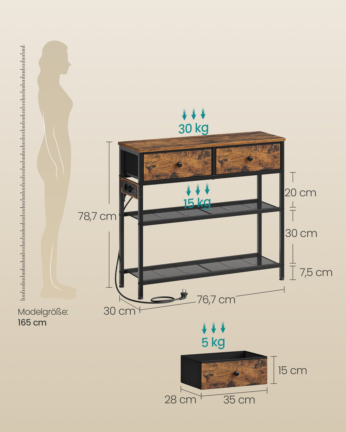 Smalle Wandtafel - Stalen Frame Met 3 Stoffen Lades - Voor Hal En Woonkamer