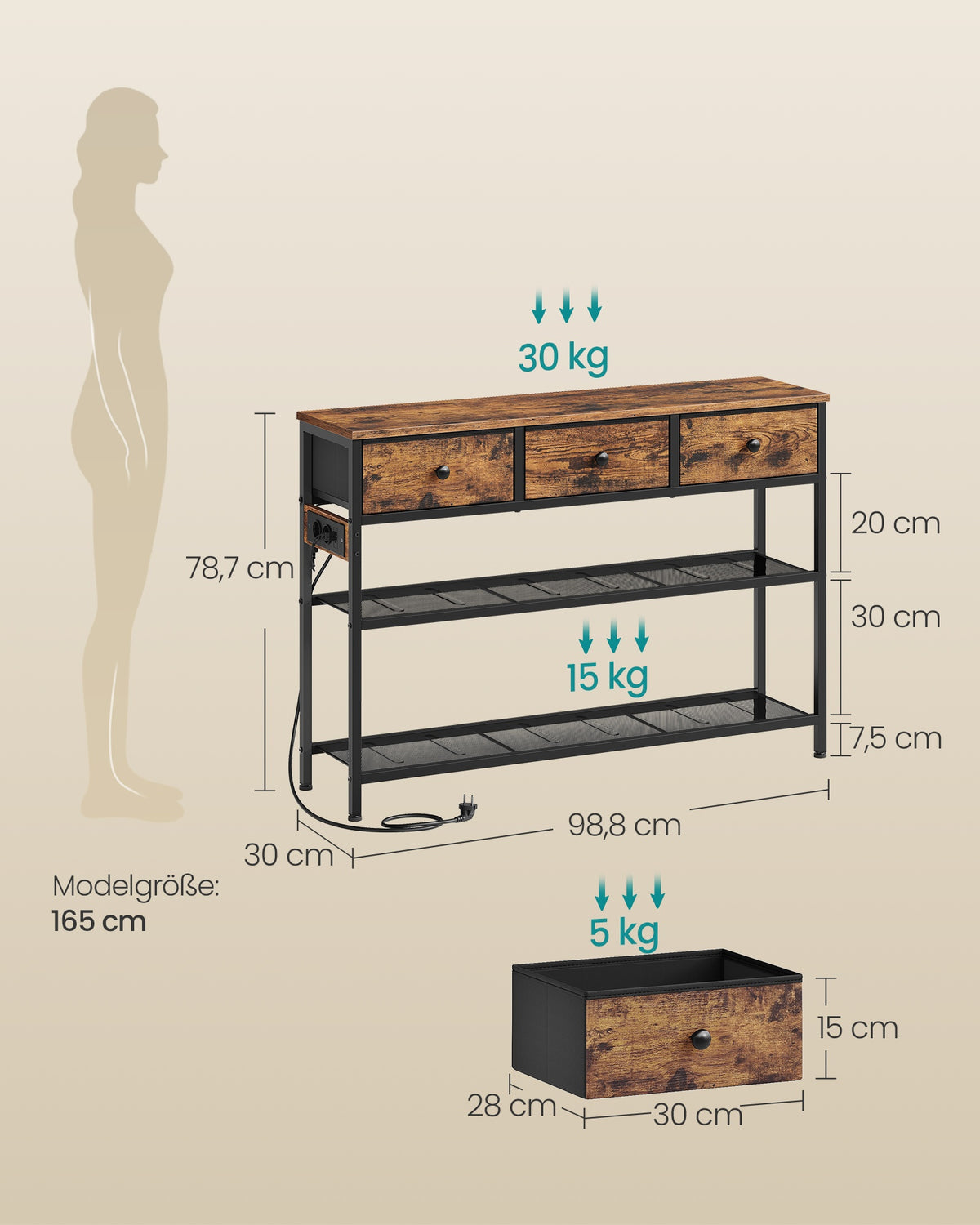 Smalle Wandtafel - Stalen Frame Met 3 Stoffen Lades - Voor Hal En Woonkamer