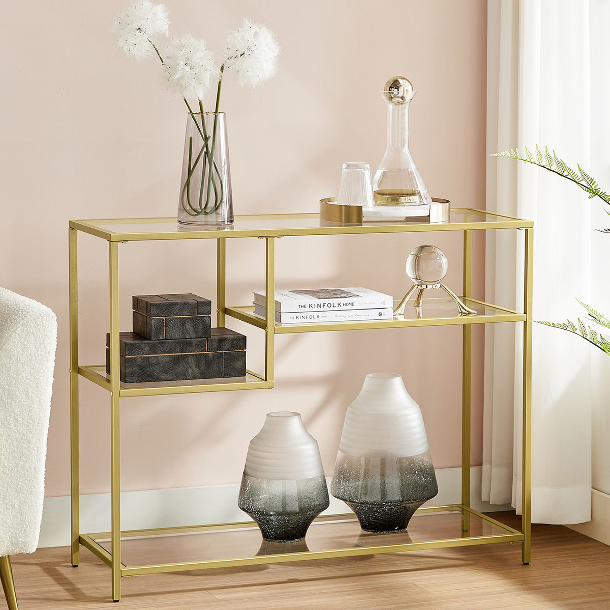 Wandtafel van Gehard Glas – Goudkleurig Stalen Frame – Asymmetrische Planken – 100 x 35 x 80 cm
