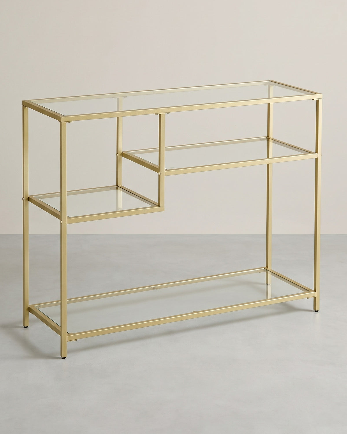 Wandtafel van Gehard Glas – Goudkleurig Stalen Frame – Asymmetrische Planken – 100 x 35 x 80 cm