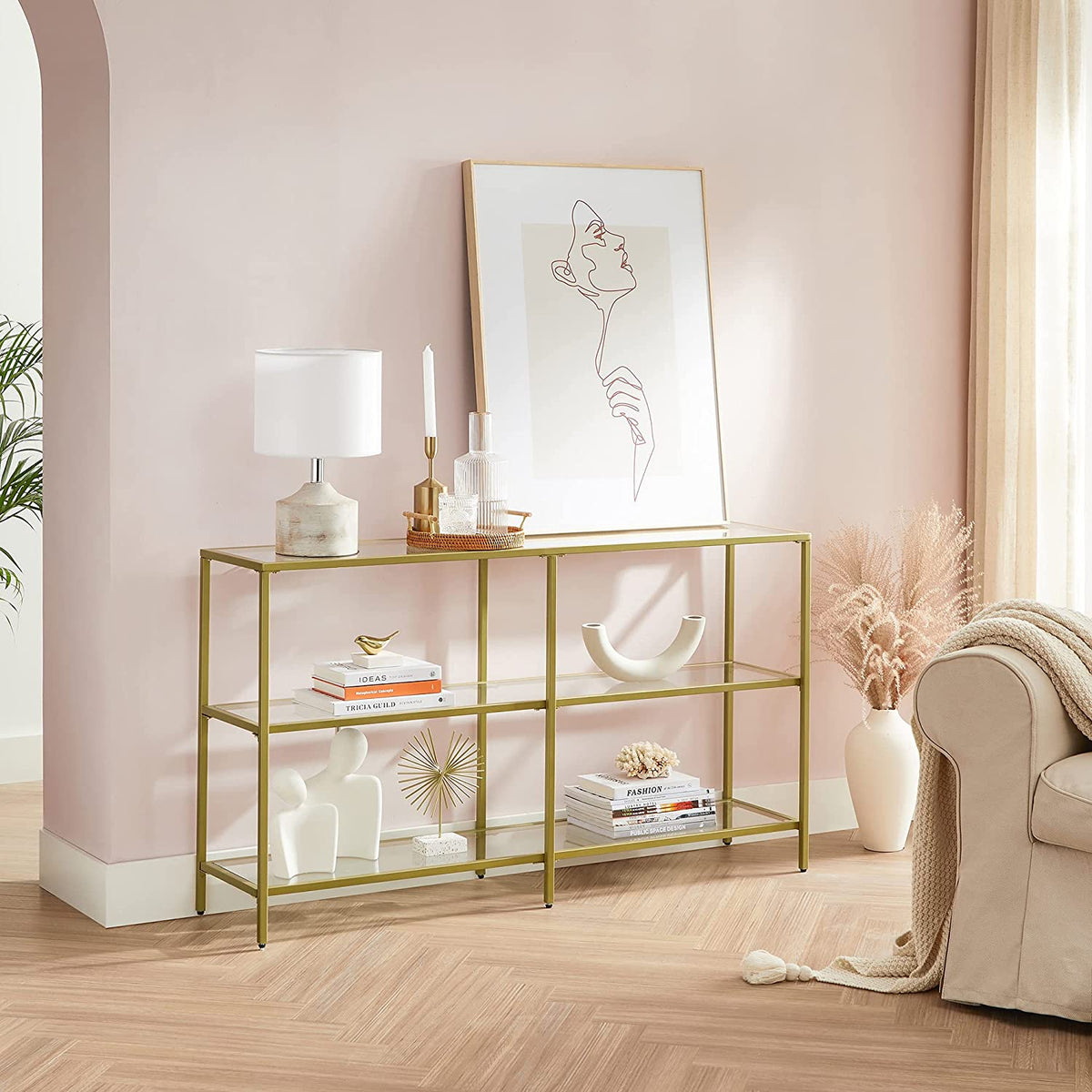 Wandtafel met 3 Glazen Planken – Goudkleurig Stalen Frame – Gehard Glas – 130 x 30 x 73 cm