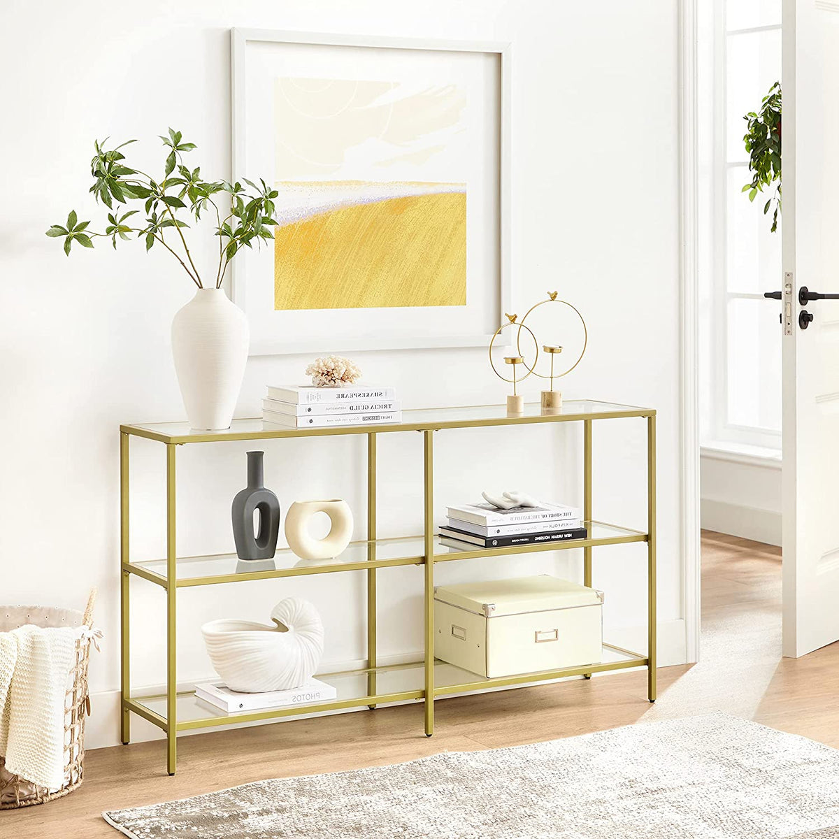 Wandtafel met 3 Glazen Planken – Goudkleurig Stalen Frame – Gehard Glas – 130 x 30 x 73 cm