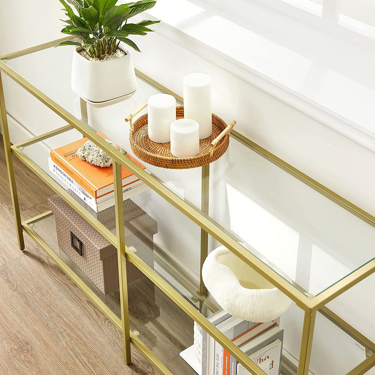 Wandtafel met 3 Glazen Planken – Goudkleurig Stalen Frame – Gehard Glas – 130 x 30 x 73 cm