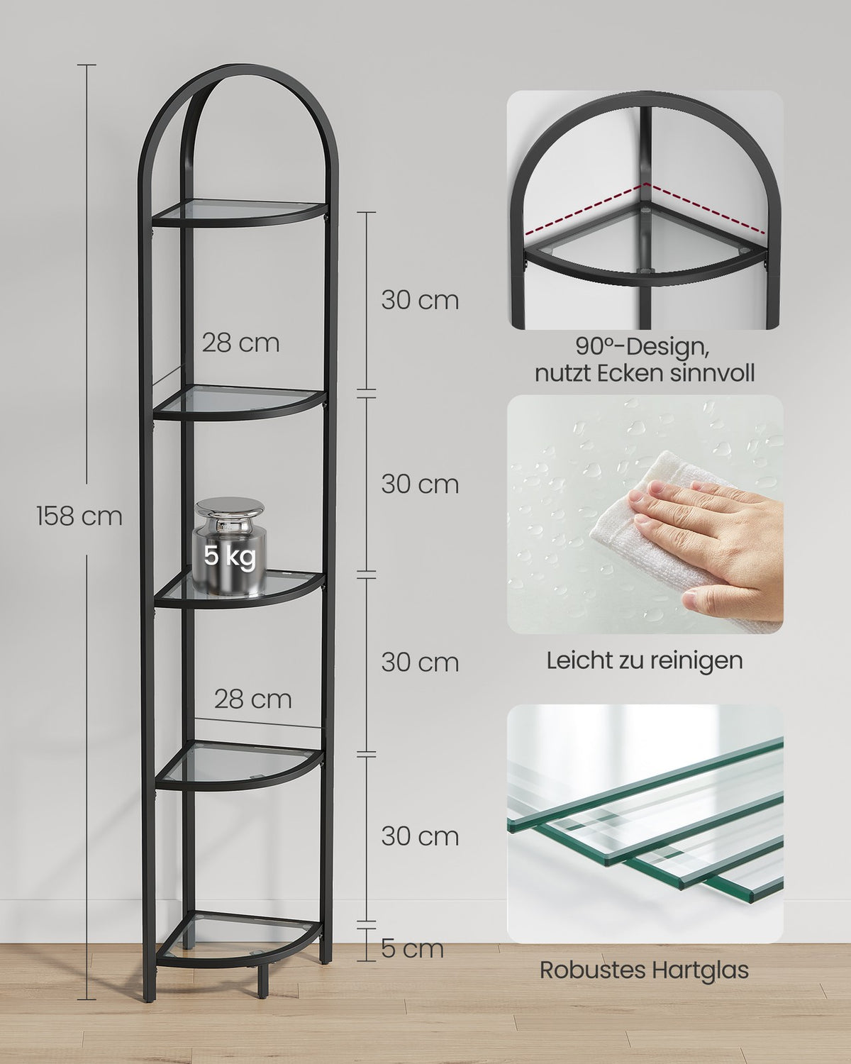 Hoekplank – 3 niveaus – Planken van gehard glas – Stalen frame - Zwart