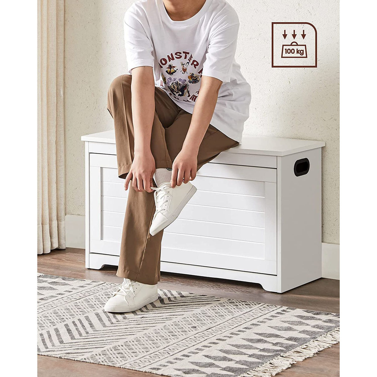 Schoenenbank met Klep – Kantelbaar Schoenenvak en Zitting – Tot 100 kg – Wit – 80 cm