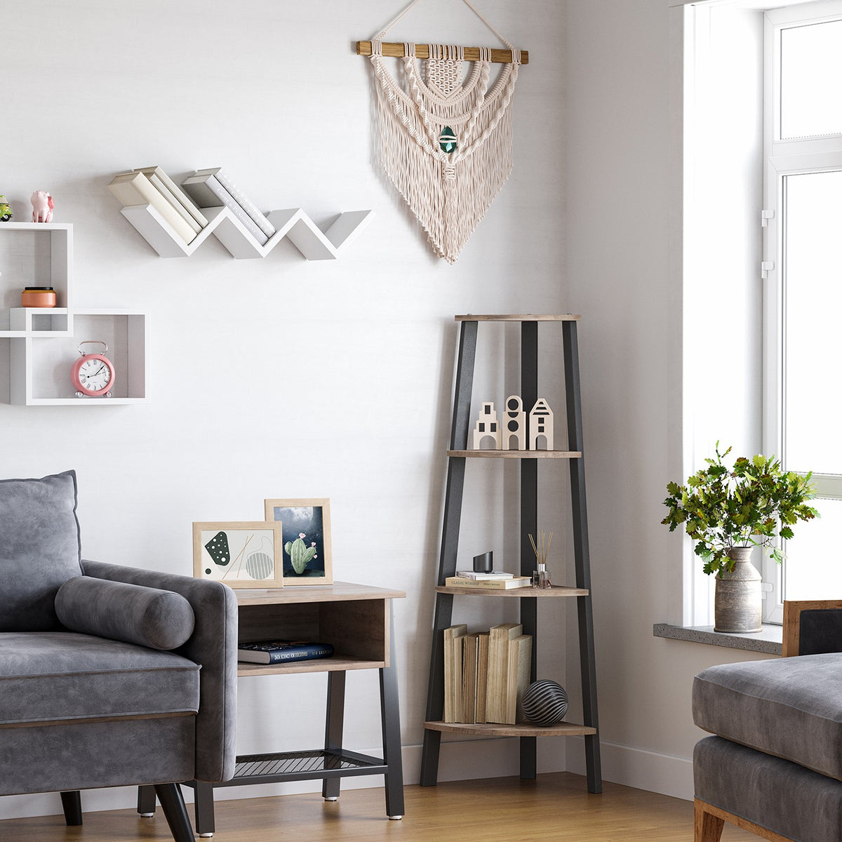 Hoekrek met 4 Planken – Staand Hoekregaal – Greige met Zwart Stalen Frame – 34 x 34 x 125 cm