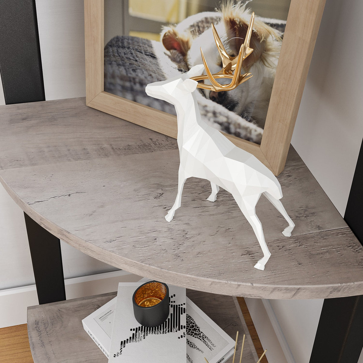 Hoekrek met 4 Planken – Staand Hoekregaal – Greige met Zwart Stalen Frame – 34 x 34 x 125 cm