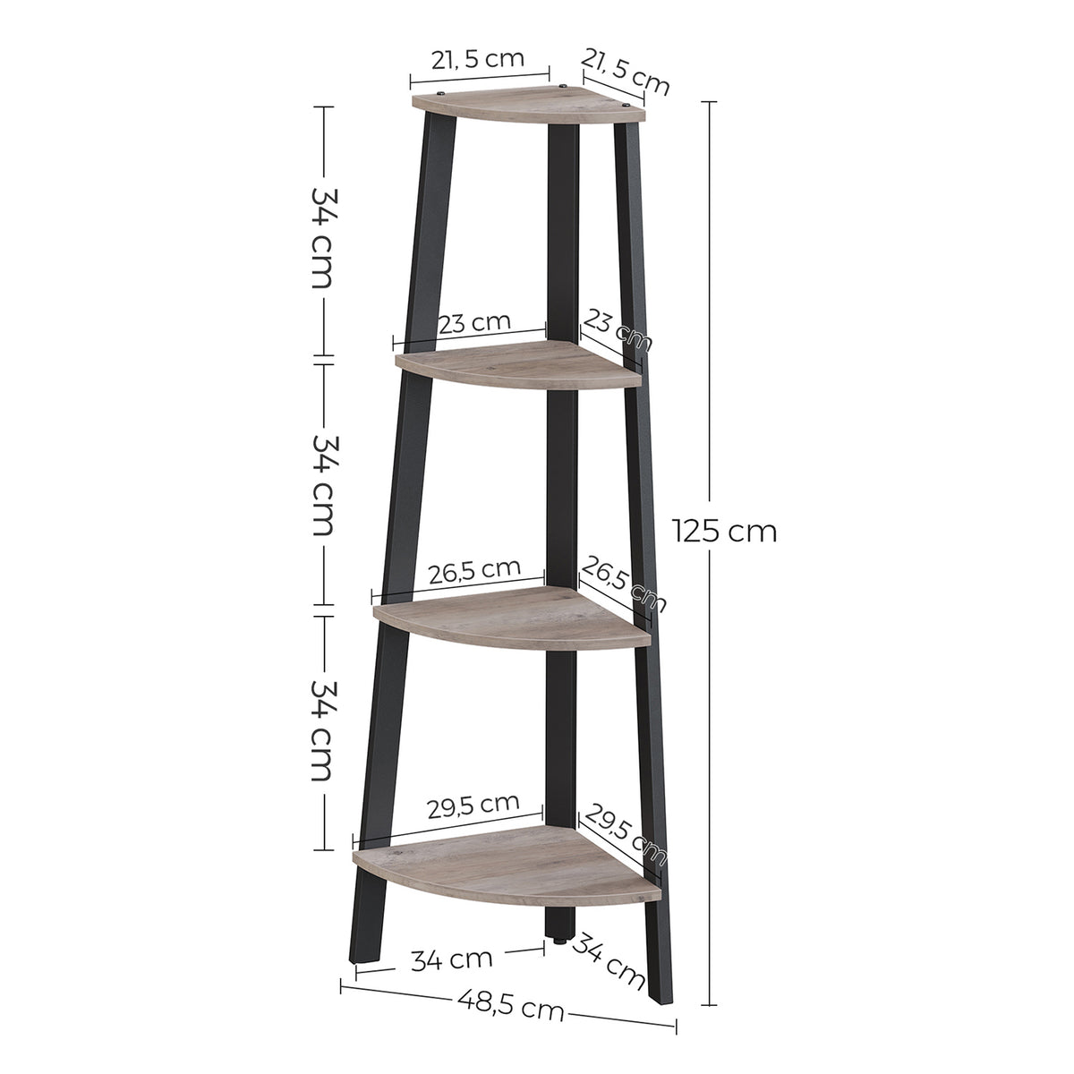 Hoekrek met 4 Planken – Staand Hoekregaal – Greige met Zwart Stalen Frame – 34 x 34 x 125 cm