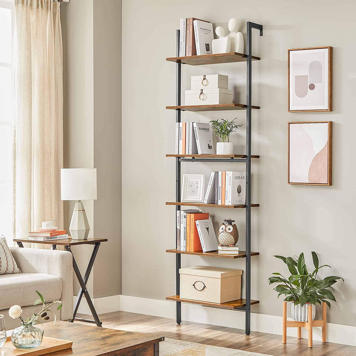 Ladderrek met 6 Planken – Industriële Boekenkast tegen de Muur – Stalen Frame – 60 x 30 x 205 cm