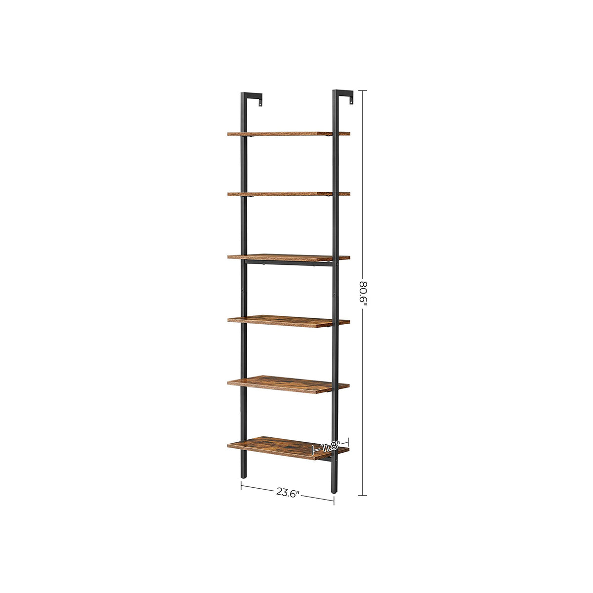 Ladderrek met 6 Planken – Industriële Boekenkast tegen de Muur – Stalen Frame – 60 x 30 x 205 cm