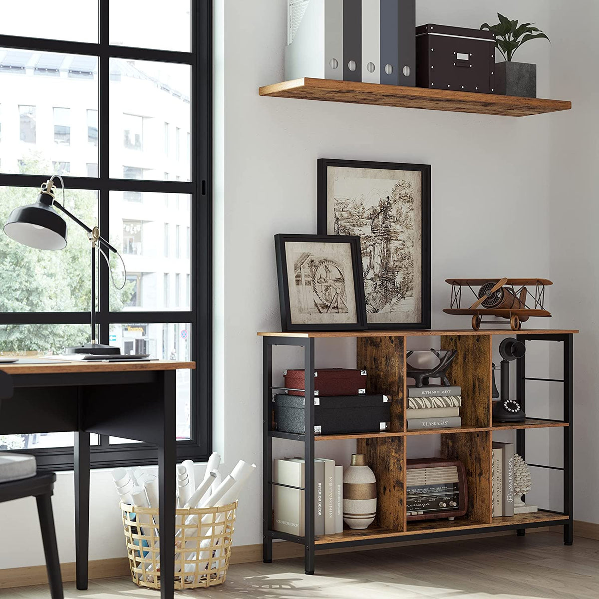 Lage Boekenkast met 6 Open Vakken – Industrieel – Stalen Frame & Verstelbare Voetjes – 120 x 33 x 80 cm