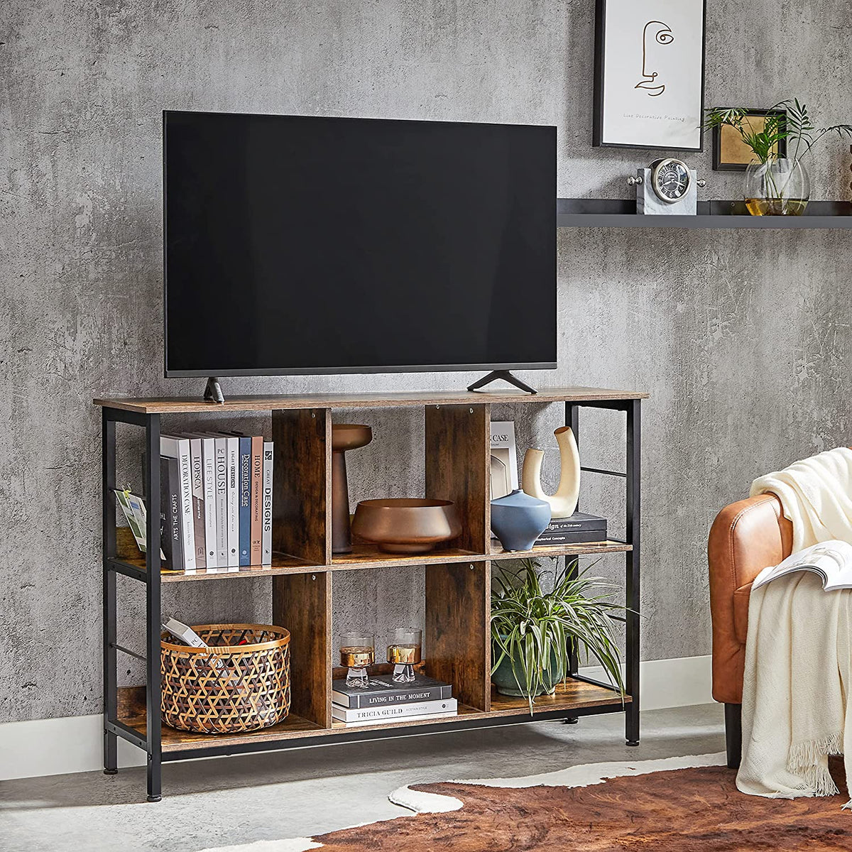 Lage Boekenkast met 6 Open Vakken – Industrieel – Stalen Frame & Verstelbare Voetjes – 120 x 33 x 80 cm