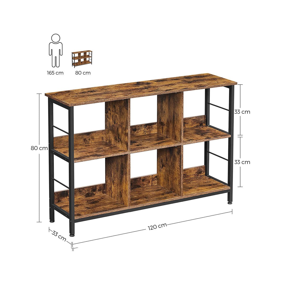 Lage Boekenkast met 6 Open Vakken – Industrieel – Stalen Frame & Verstelbare Voetjes – 120 x 33 x 80 cm