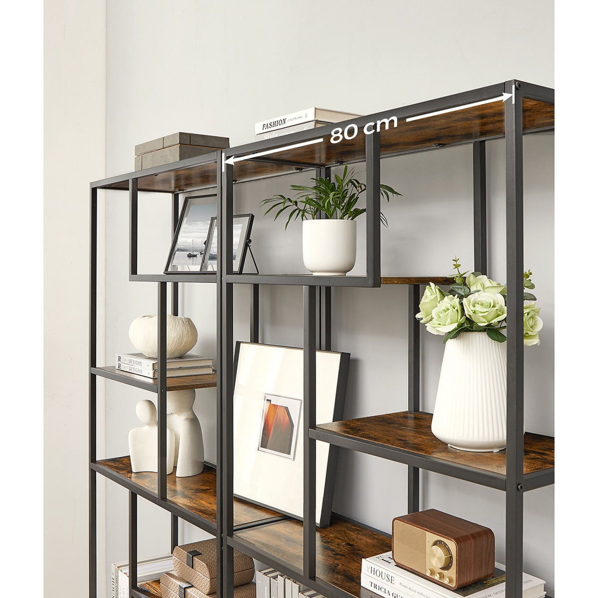 Industriële Boekenkast met Asymmetrische Open Vakken – Stalen Frame – 80 x 30 x 180 cm