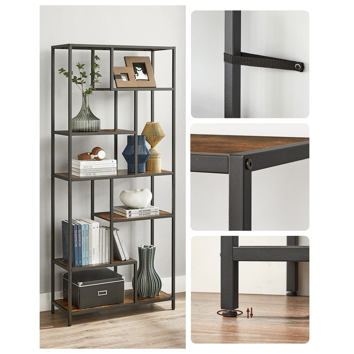 Industriële Boekenkast met Asymmetrische Open Vakken – Stalen Frame – 80 x 30 x 180 cm
