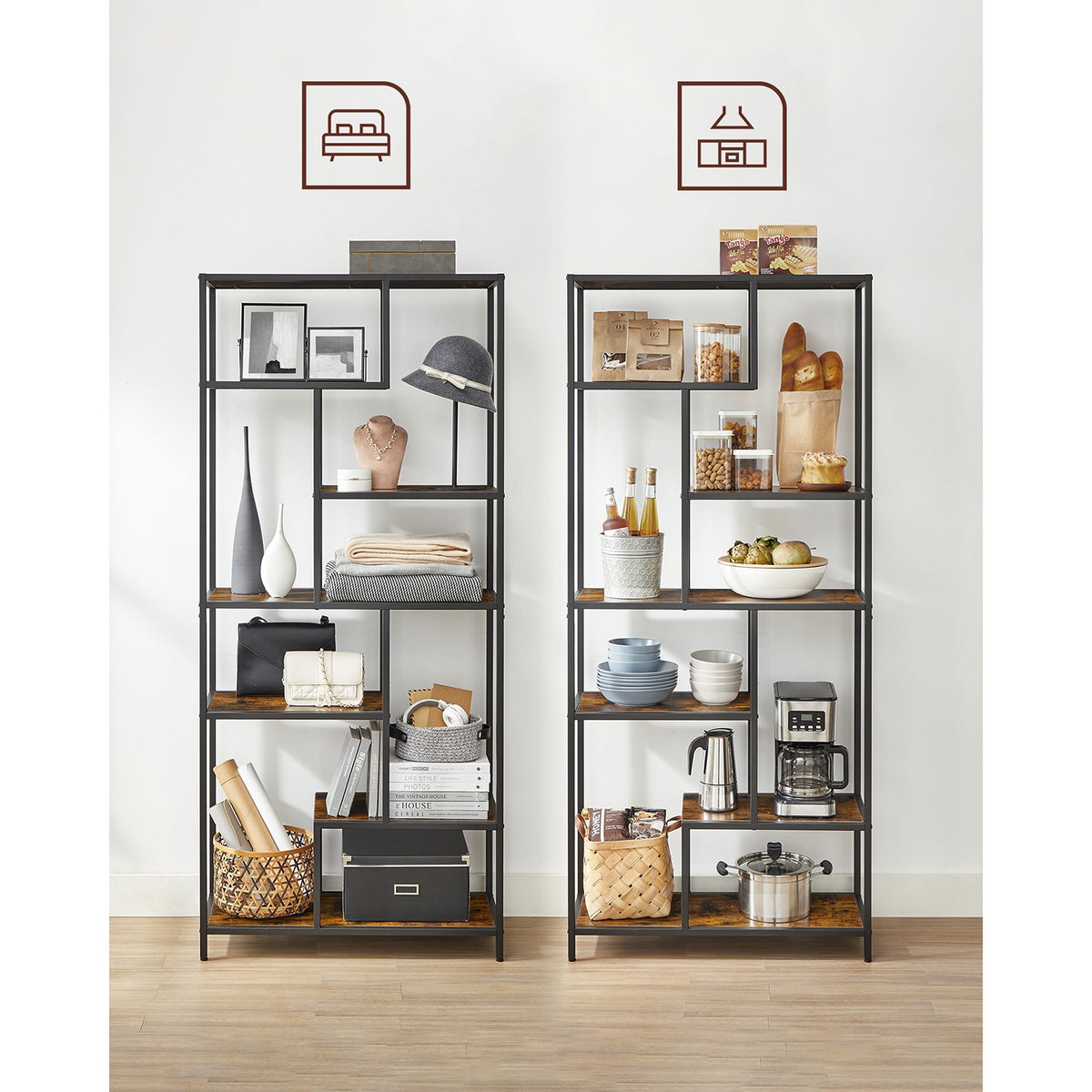 Industriële Boekenkast met Asymmetrische Open Vakken – Stalen Frame – 80 x 30 x 180 cm