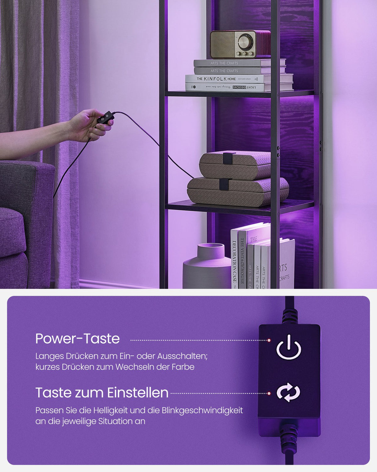 Smalle Boekenkast met LED-Verlichting – 6 Niveaus – 25 Lichtkleuren – Zwart – 40 x 30,3 x 178,6 cm