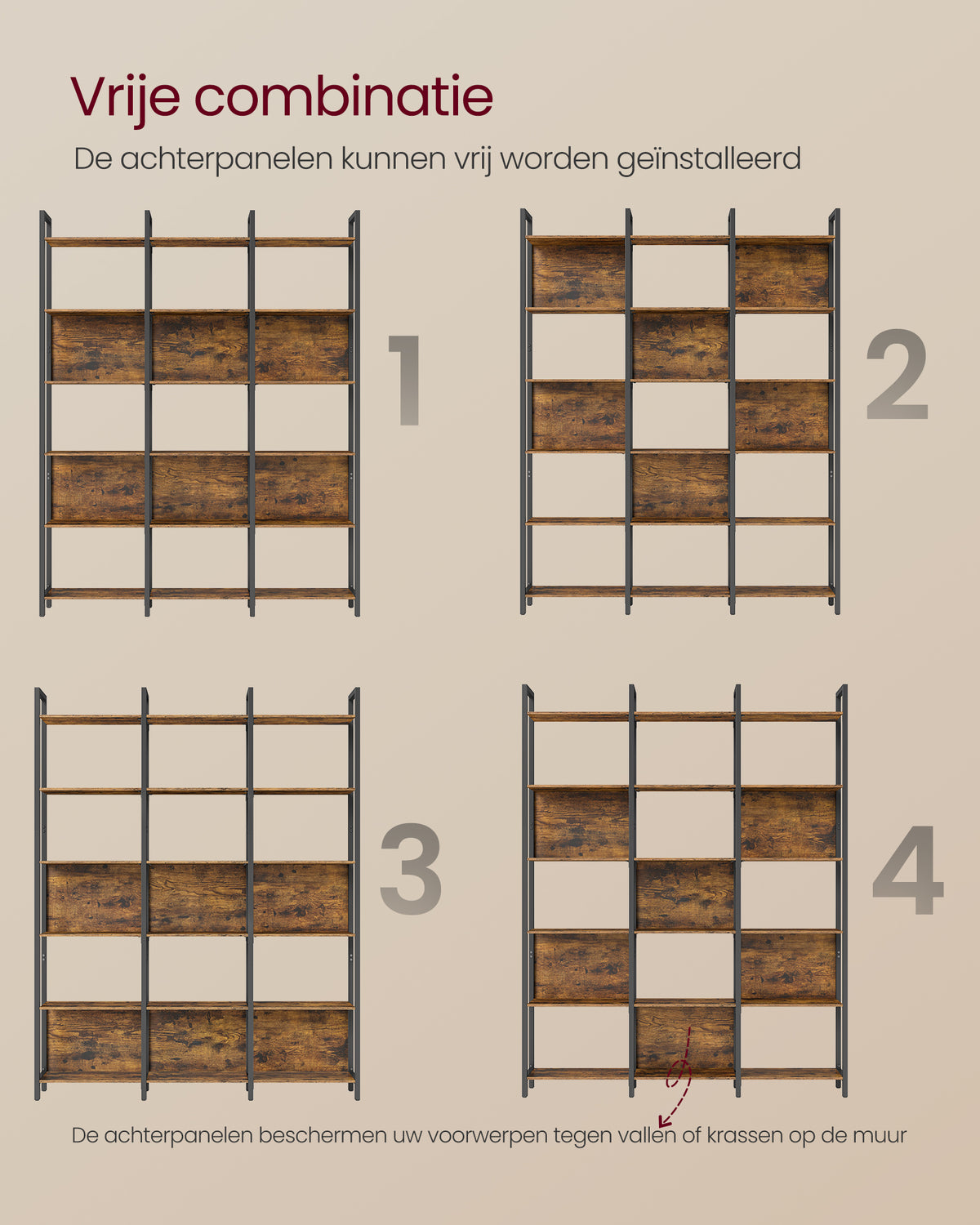 Brede Boekenkast met 6 Niveaus en 3 Kolommen – Flexibele Achterwanden – Industrieel – 128 cm