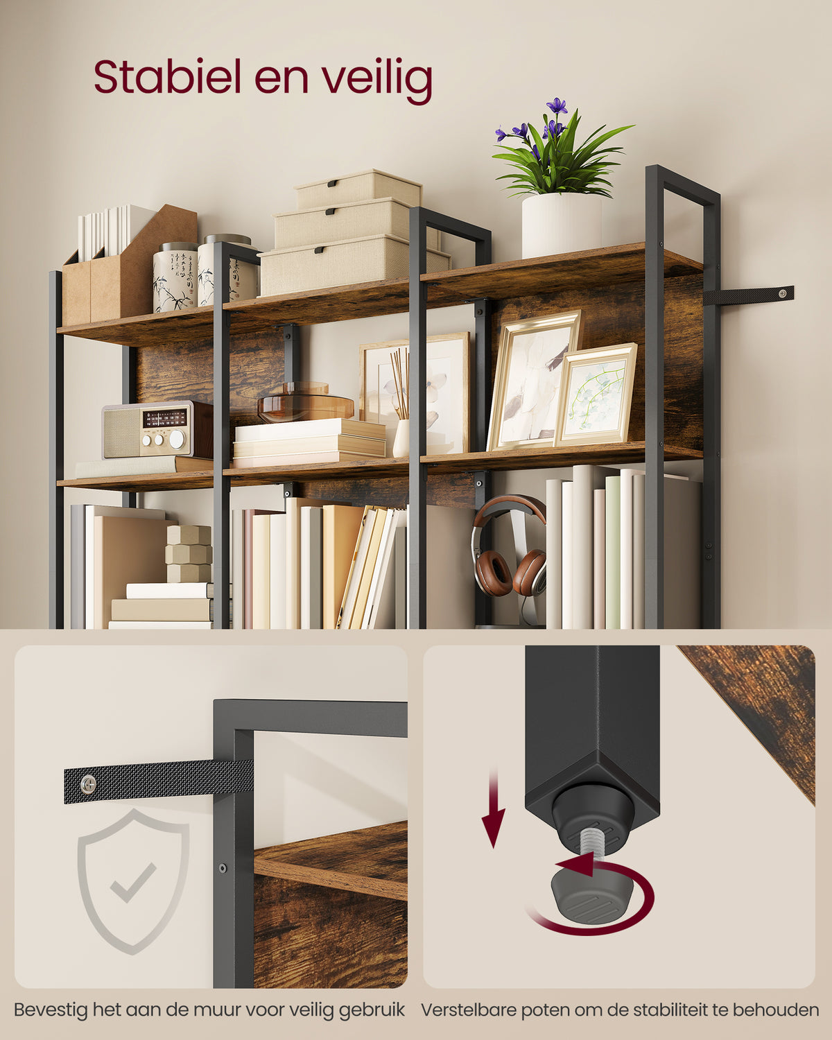 Brede Boekenkast met 6 Niveaus en 3 Kolommen – Flexibele Achterwanden – Industrieel – 128 cm