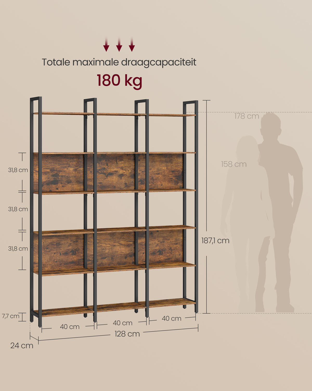 Brede Boekenkast met 6 Niveaus en 3 Kolommen – Flexibele Achterwanden – Industrieel – 128 cm