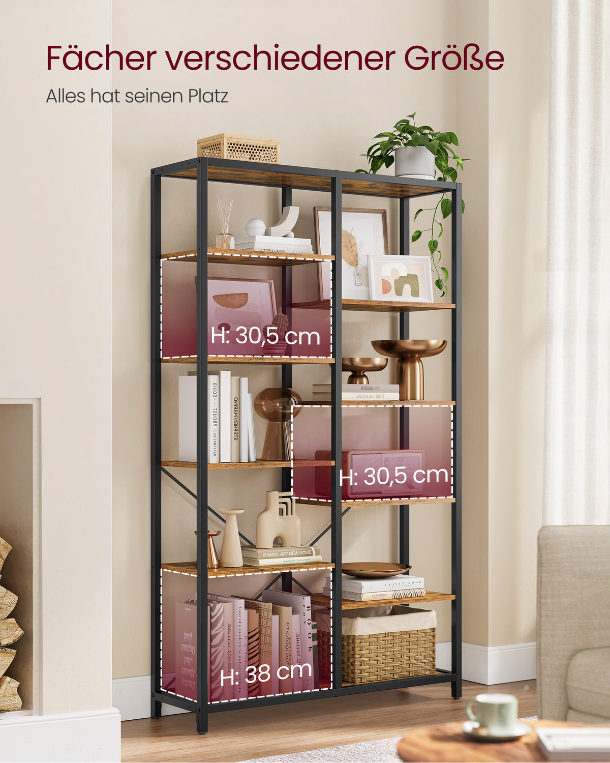 Brede Industriële Boekenkast – Open Vakken in Verschillende Hoogtes – Stalen Frame – 100 x 30 x 170 cm