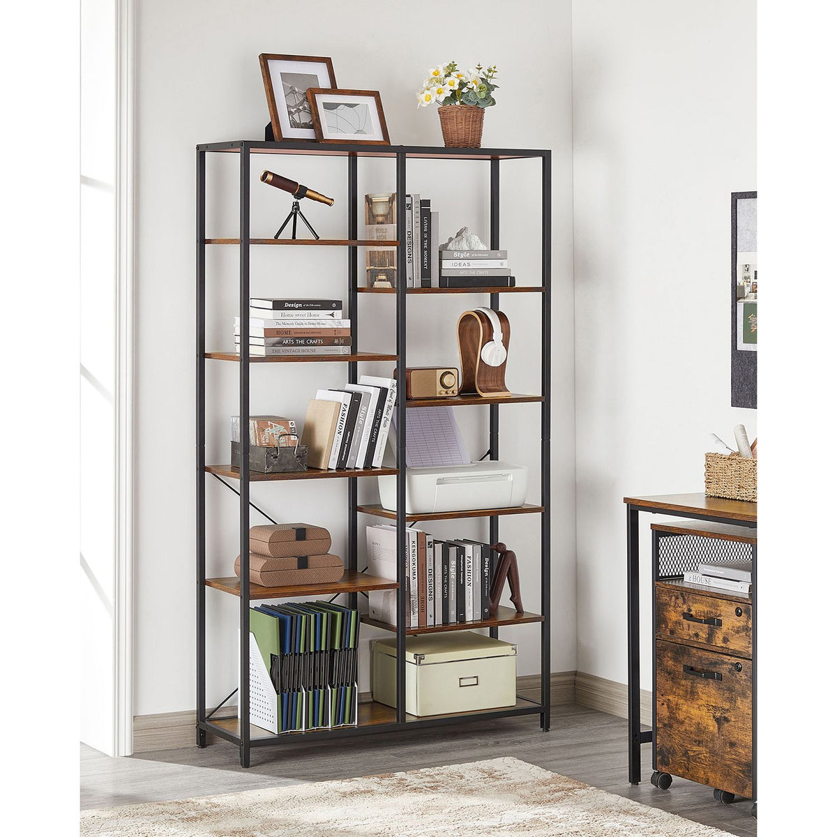 Brede Industriële Boekenkast – Open Vakken in Verschillende Hoogtes – Stalen Frame – 100 x 30 x 170 cm