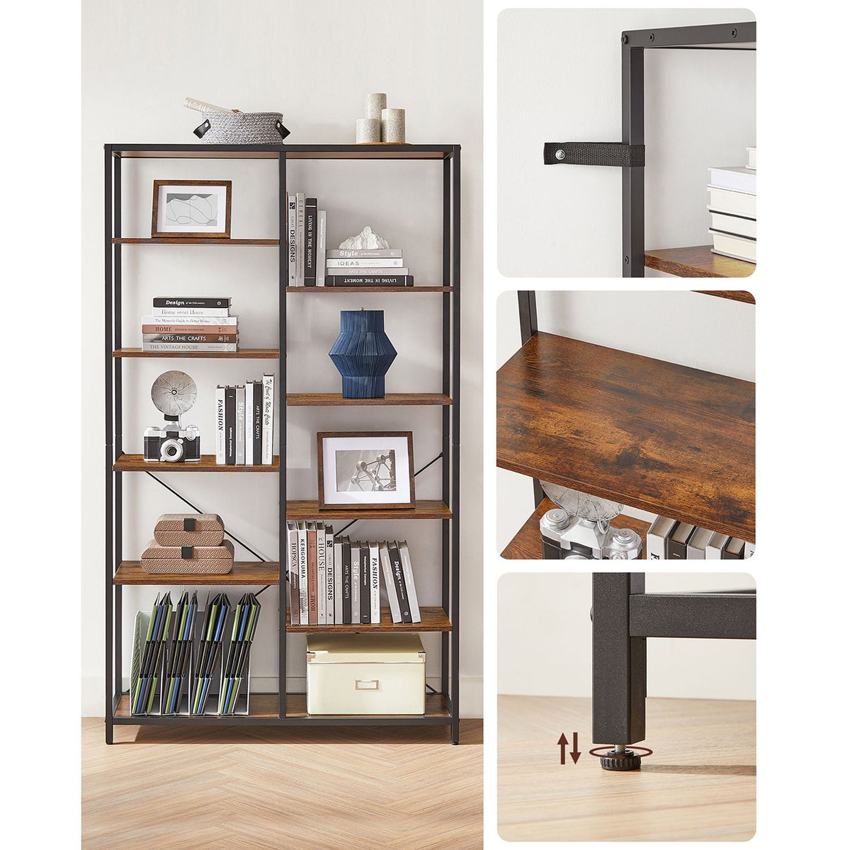 Brede Industriële Boekenkast – Open Vakken in Verschillende Hoogtes – Stalen Frame – 100 x 30 x 170 cm