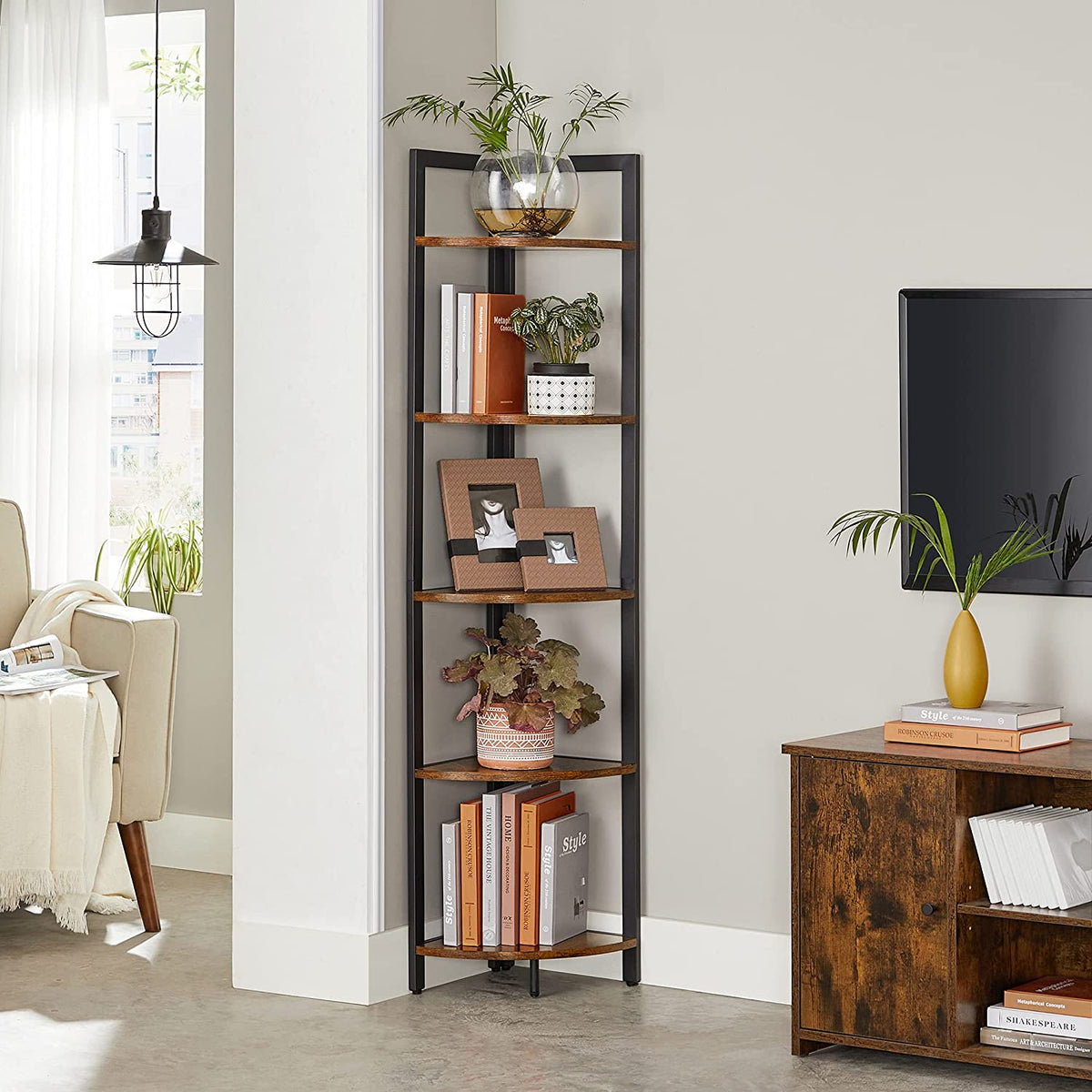 Smal Hoekrek met 5 Planken – Industrieel Staand Hoekregaal – Stalen Frame – 30 x 30 x 150 cm