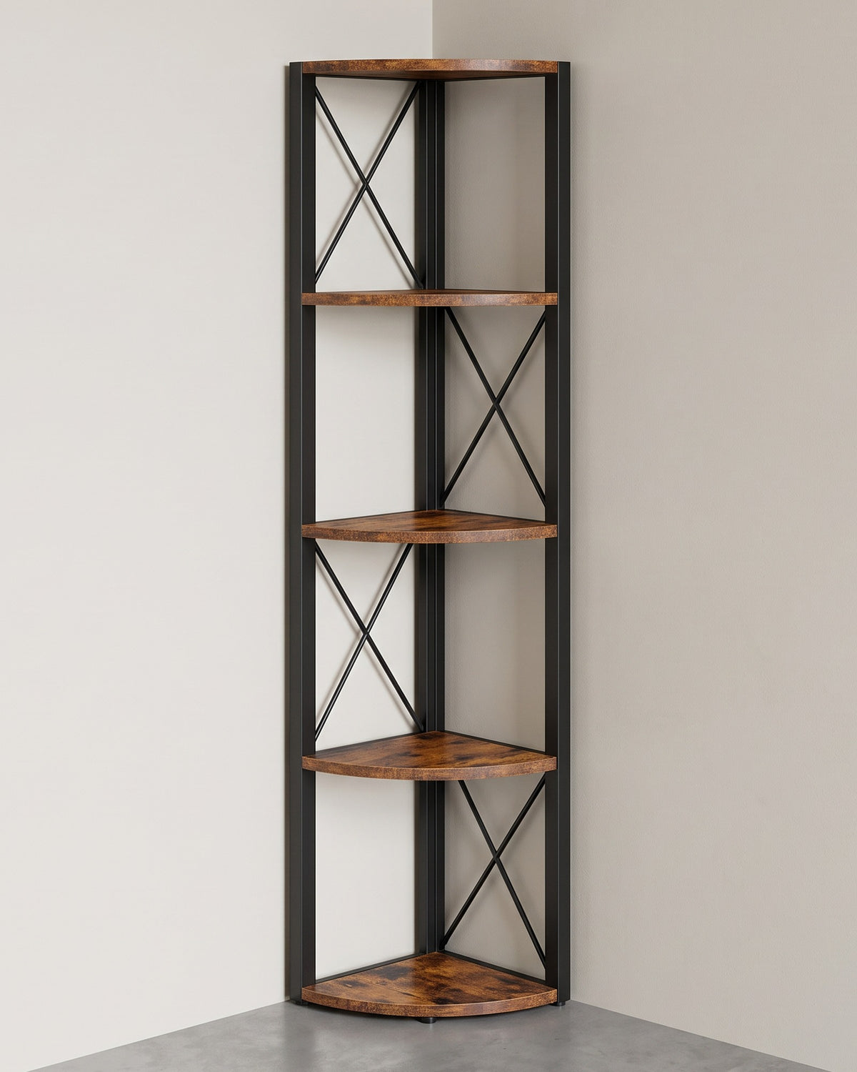 Hoekrek met 5 Planken – Staand Hoekregaal met X-Frame – Industrieel Design – 160 cm Hoog
