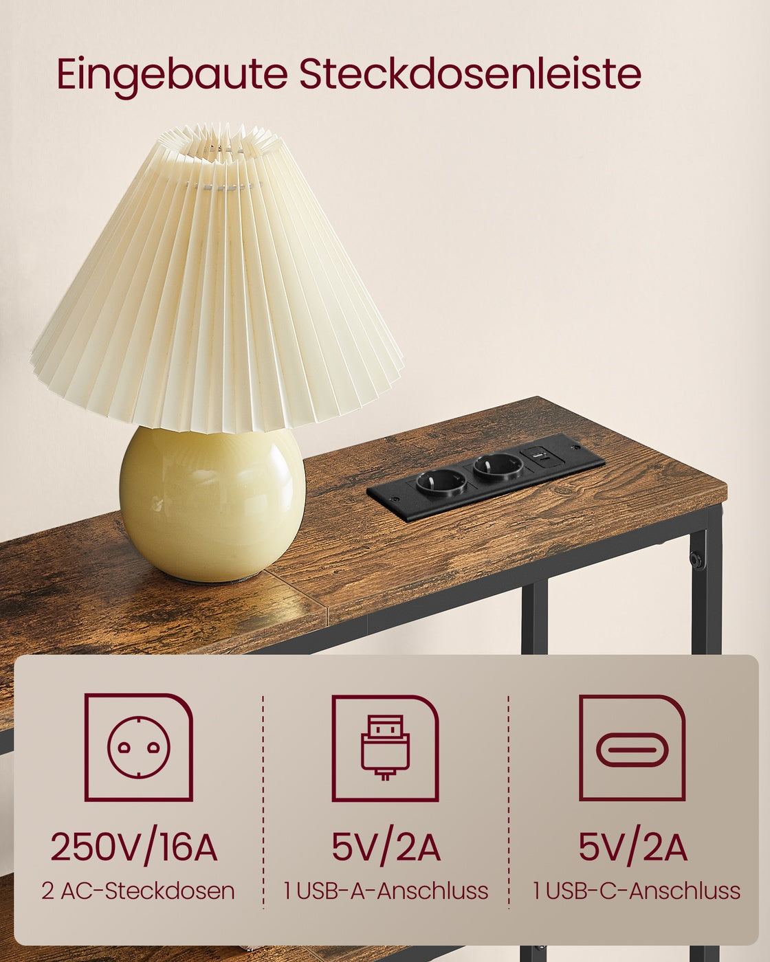 Smalle Wandtafel met Stopcontacten en USB – 2 Planken – Industrieel Design – 20 cm Diep