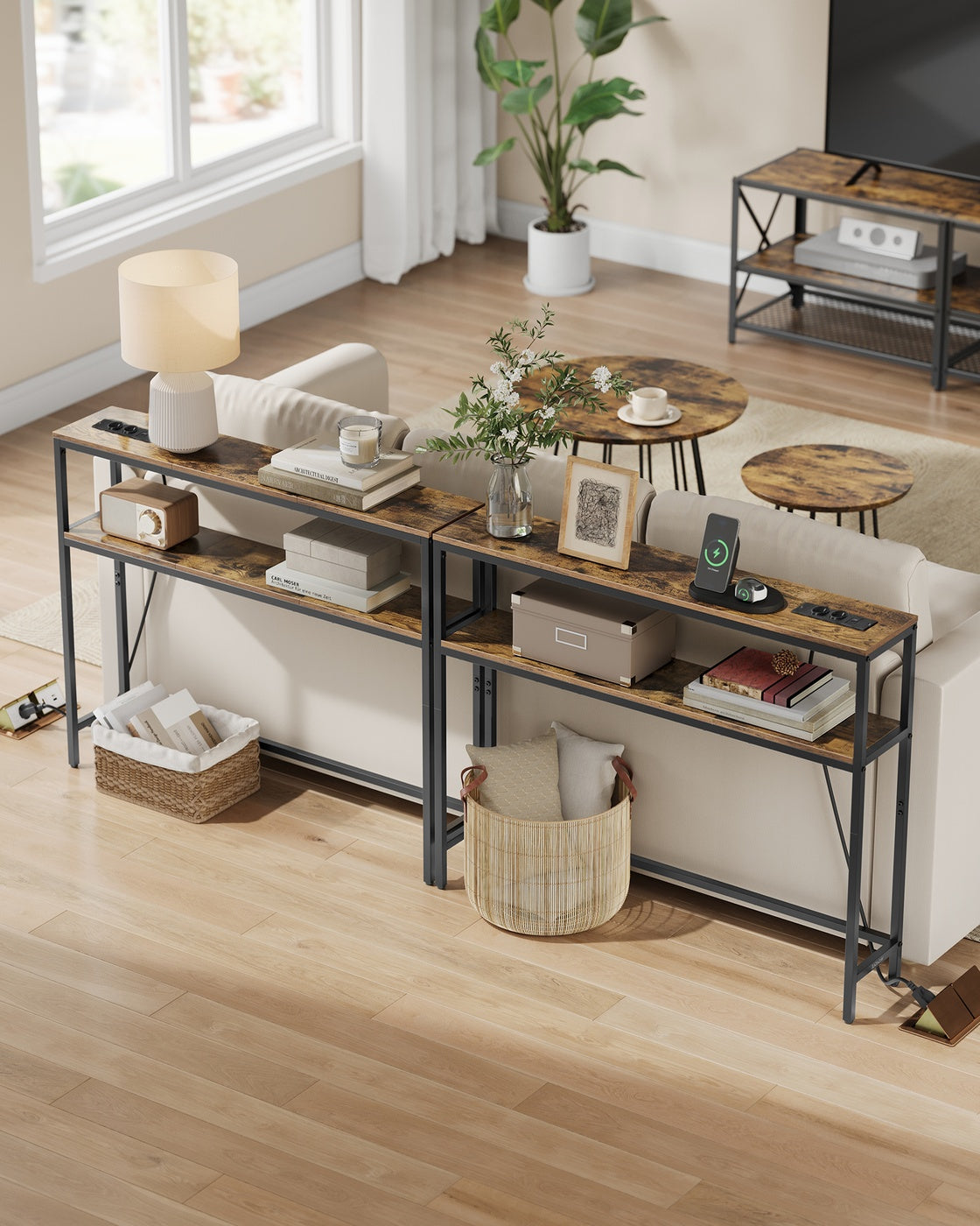 Smalle Wandtafel met Stopcontacten en USB – 2 Planken – Industrieel Design – 20 cm Diep