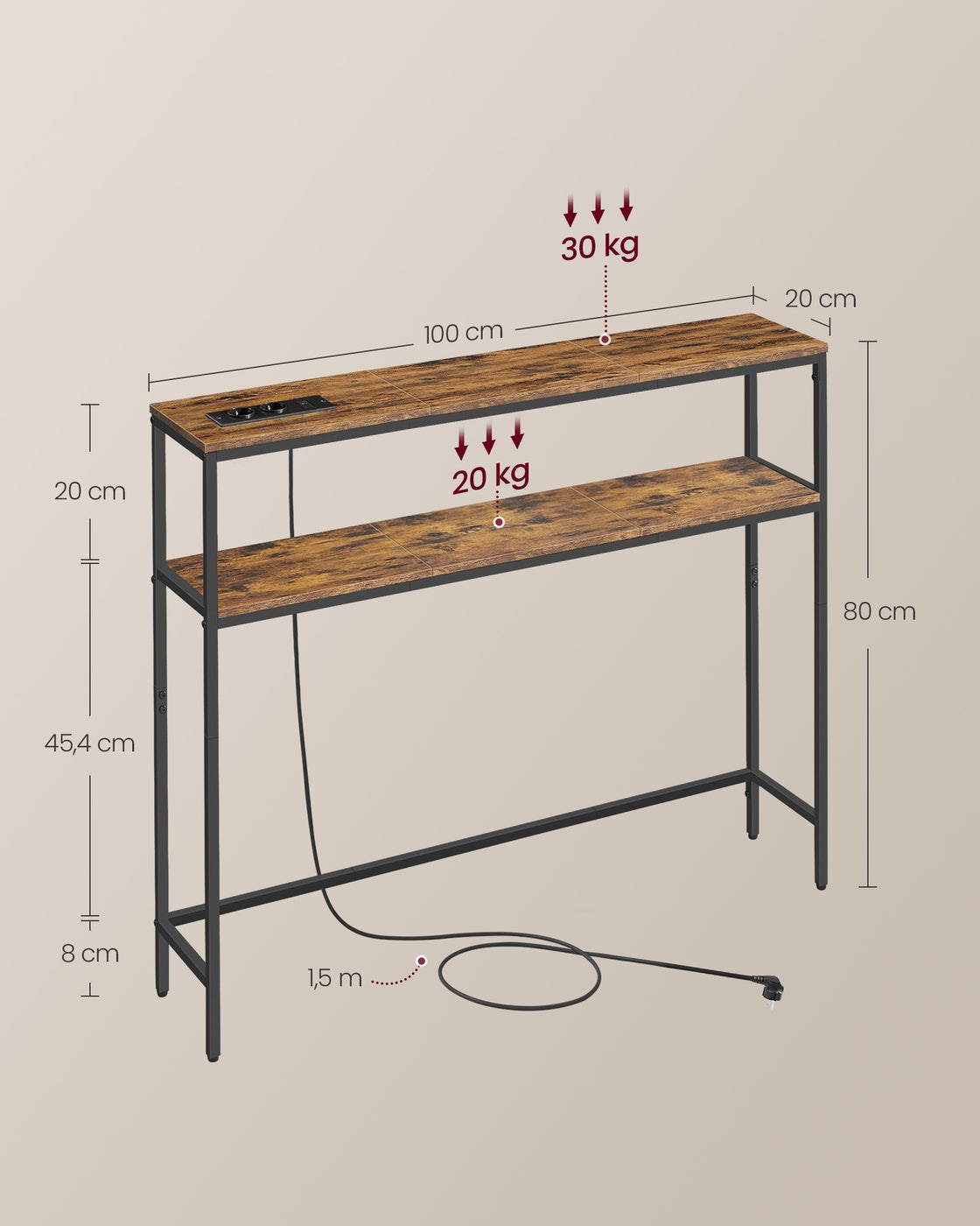 Smalle Wandtafel met Stopcontacten en USB – 2 Planken – Industrieel Design – 20 cm Diep