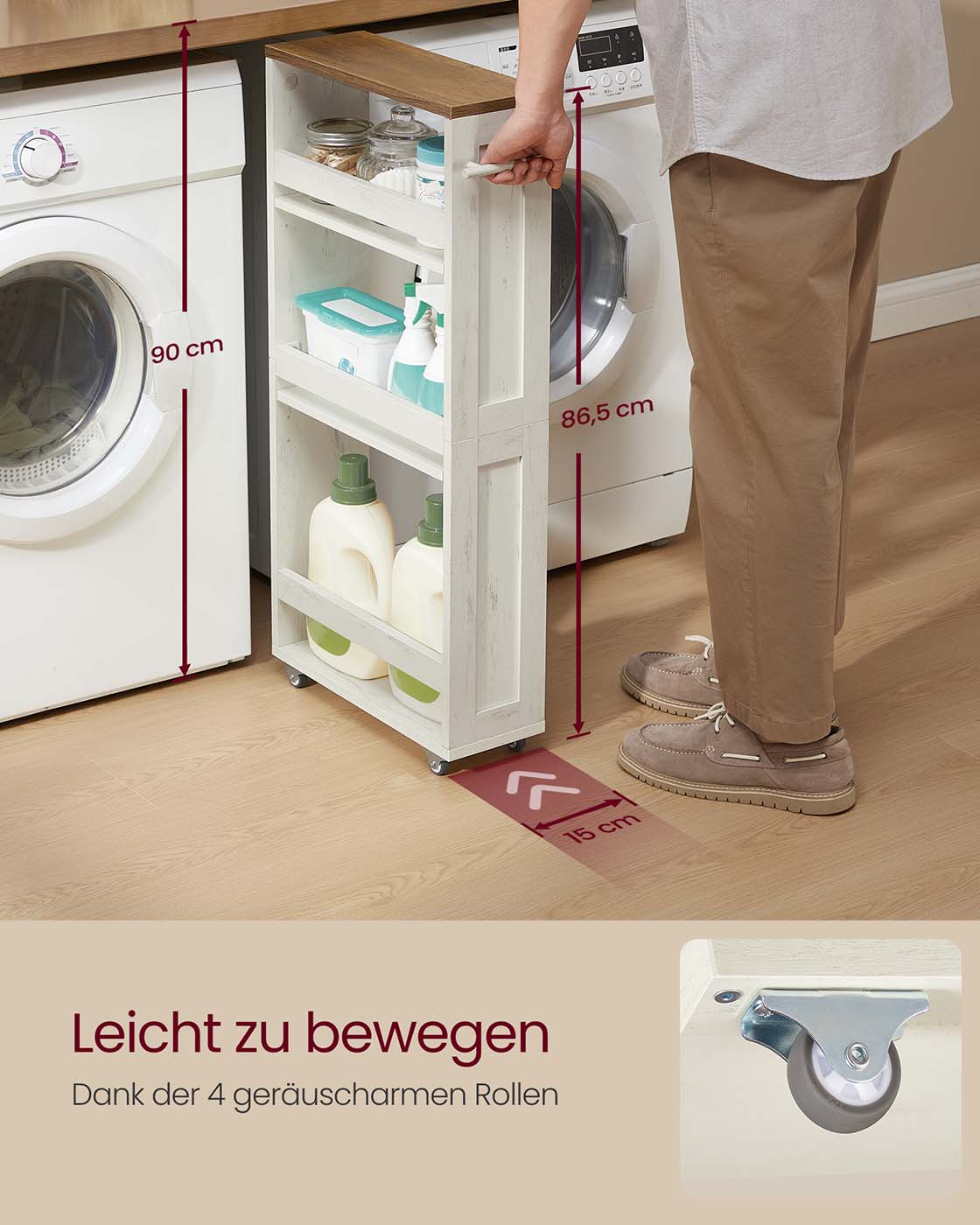 Smal Nisrek op Wieltjes – 4 Niveaus met Handgreep – Verstelbare Planken – Vintagewit – 15 cm