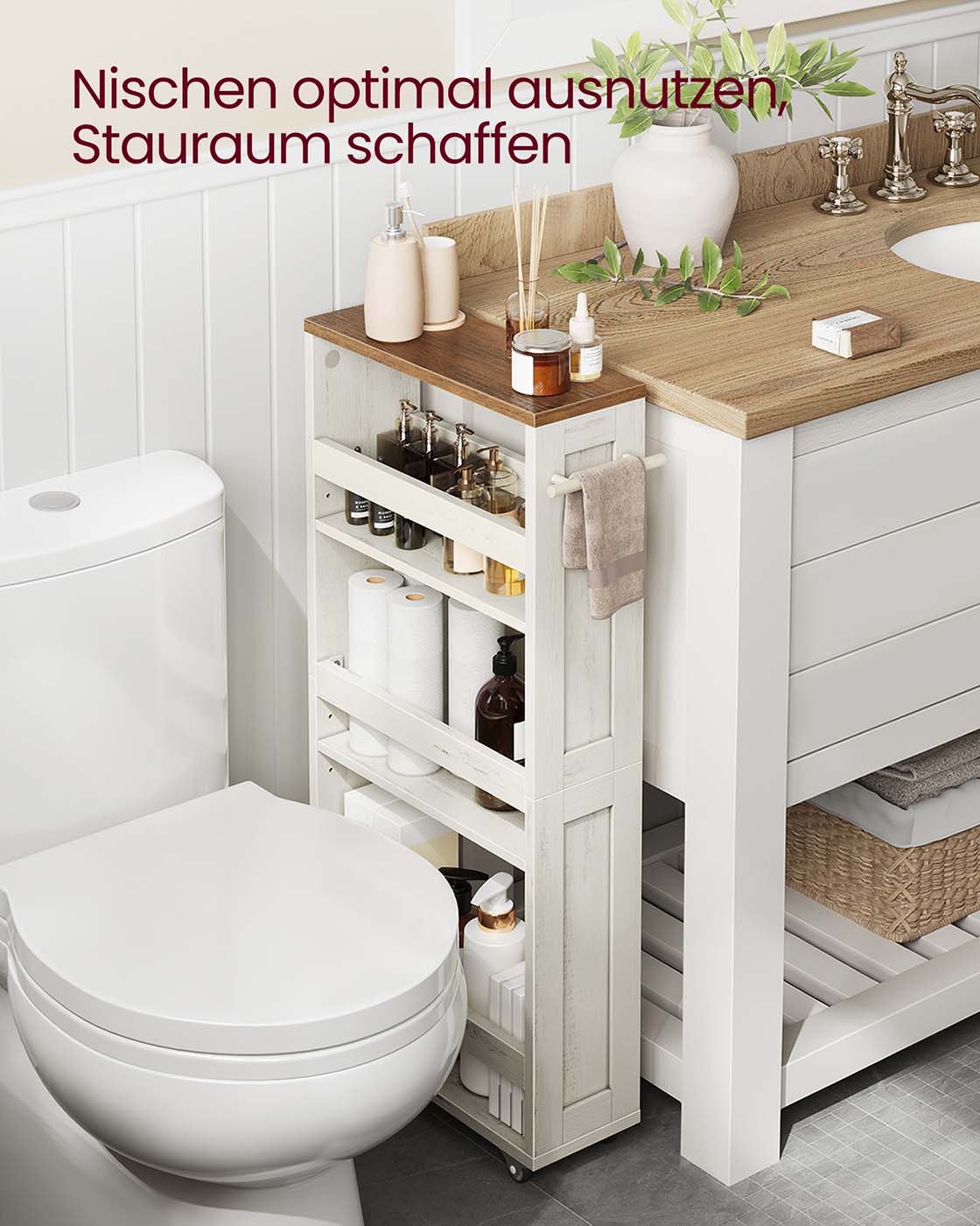 Smal Nisrek op Wieltjes – 4 Niveaus met Handgreep – Verstelbare Planken – Vintagewit – 15 cm