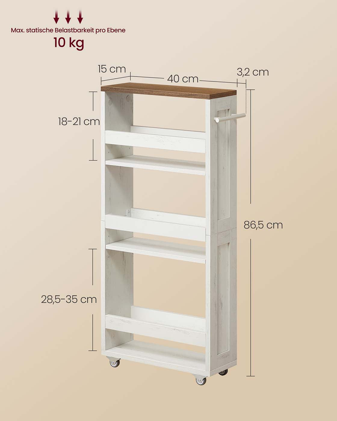 Smal Nisrek op Wieltjes – 4 Niveaus met Handgreep – Verstelbare Planken – Vintagewit – 15 cm