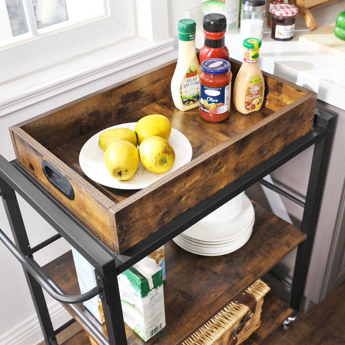 Serveerwagen met Dienblad – Keukentrolley op Wieltjes – 2 Planken – Industrieel – 65 x 40 x 86 cm