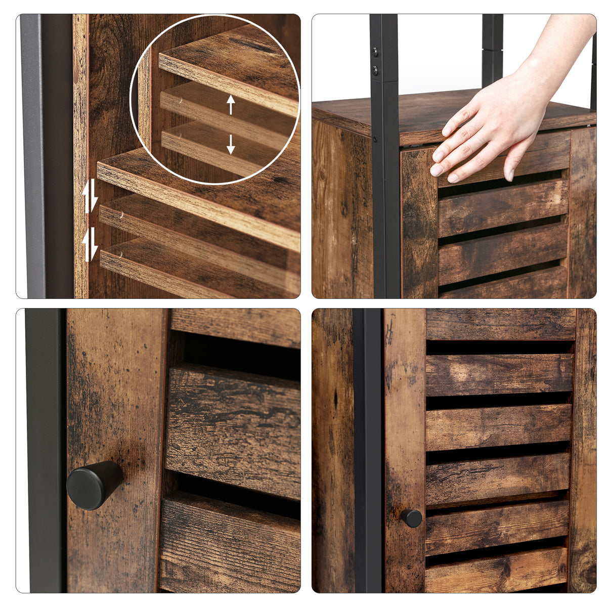 Hoge Kast met Lamellendeur – Smalle Opbergkast met Open Planken – Industrieel – 37 x 30 x 167 cm