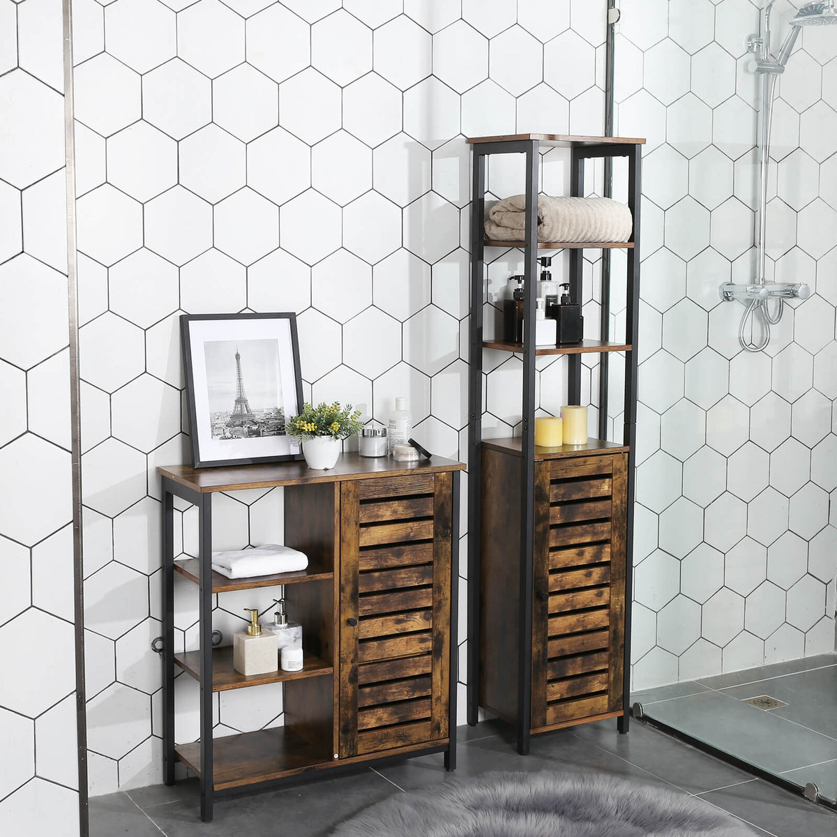 Hoge Kast met Lamellendeur – Smalle Opbergkast met Open Planken – Industrieel – 37 x 30 x 167 cm