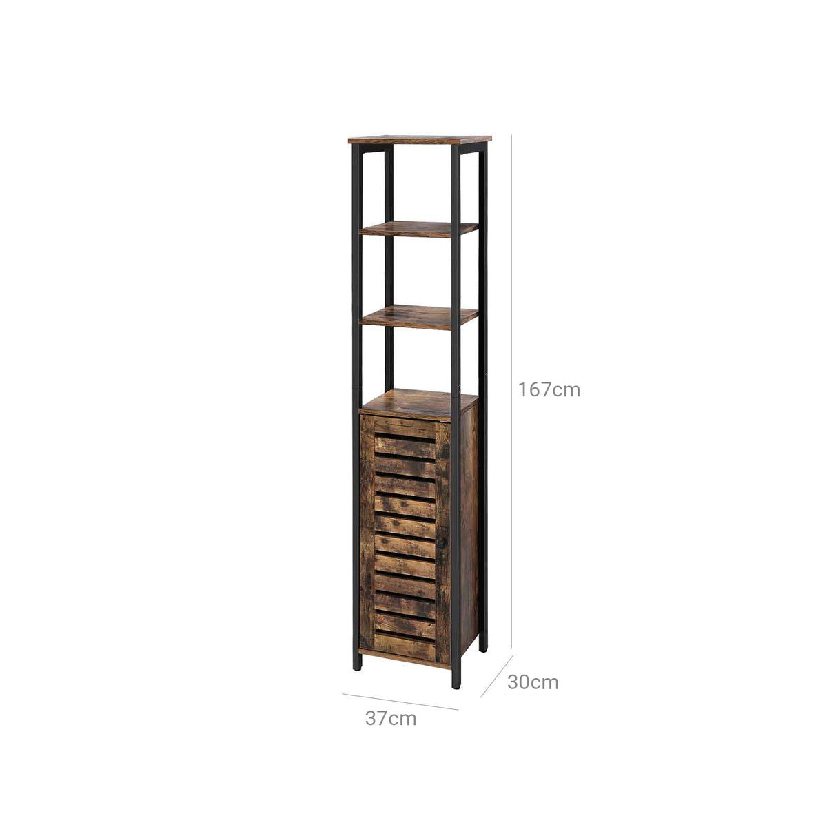 Hoge Kast met Lamellendeur – Smalle Opbergkast met Open Planken – Industrieel – 37 x 30 x 167 cm
