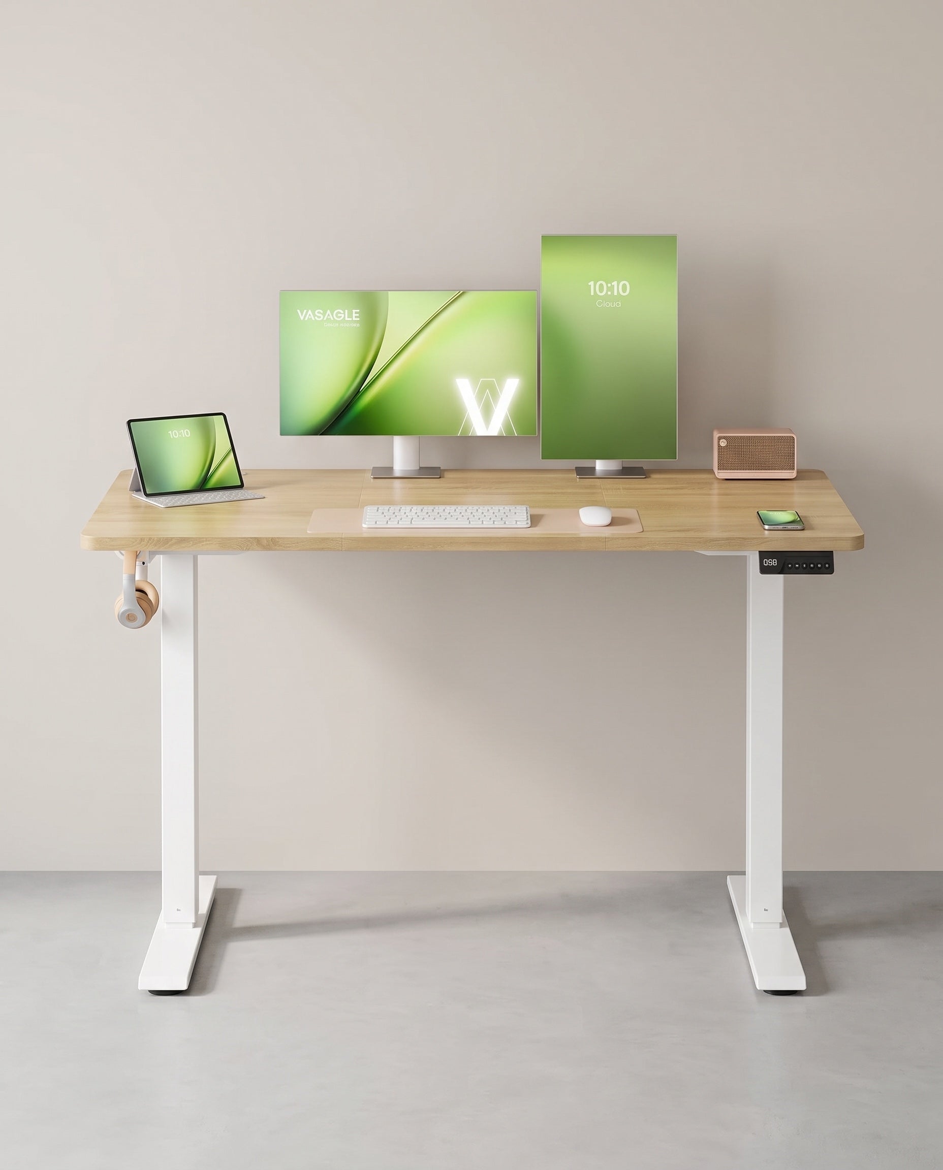 Zit-sta bureau elektrisch verstelbaar in eiken met wit frame