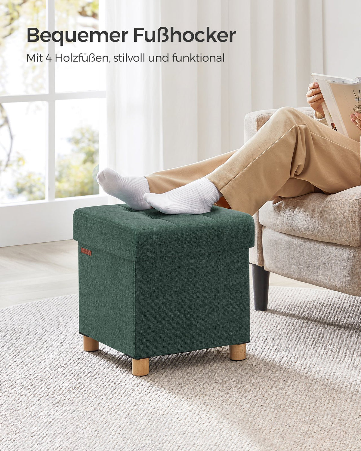 Opbergpoef met Houten Pootjes – Opvouwbaar – 37 L Opbergruimte – Tot 300 kg – 38 x 38 x 40 cm