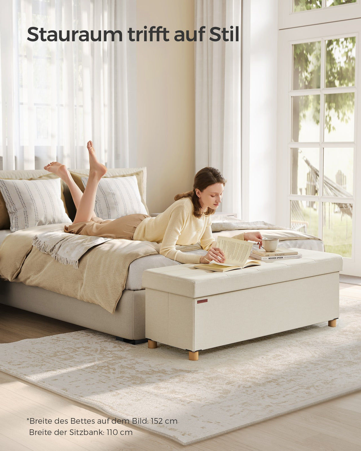 Opbergbank met Houten Pootjes – Opvouwbare Hocker in Linnenlook – Tot 300 kg – 76 of 110 cm