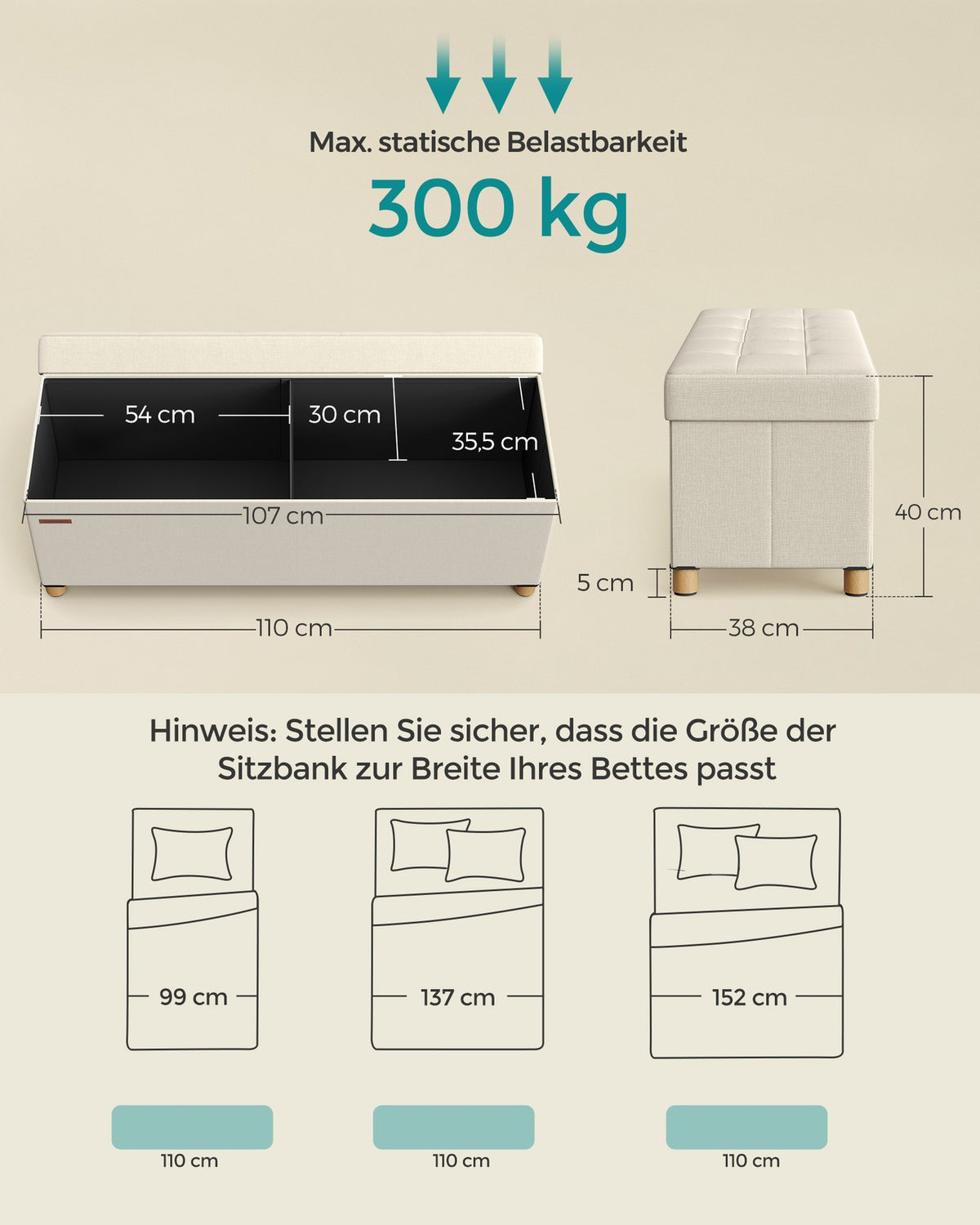 Opbergbank met Houten Pootjes – Opvouwbare Hocker in Linnenlook – Tot 300 kg – 76 of 110 cm
