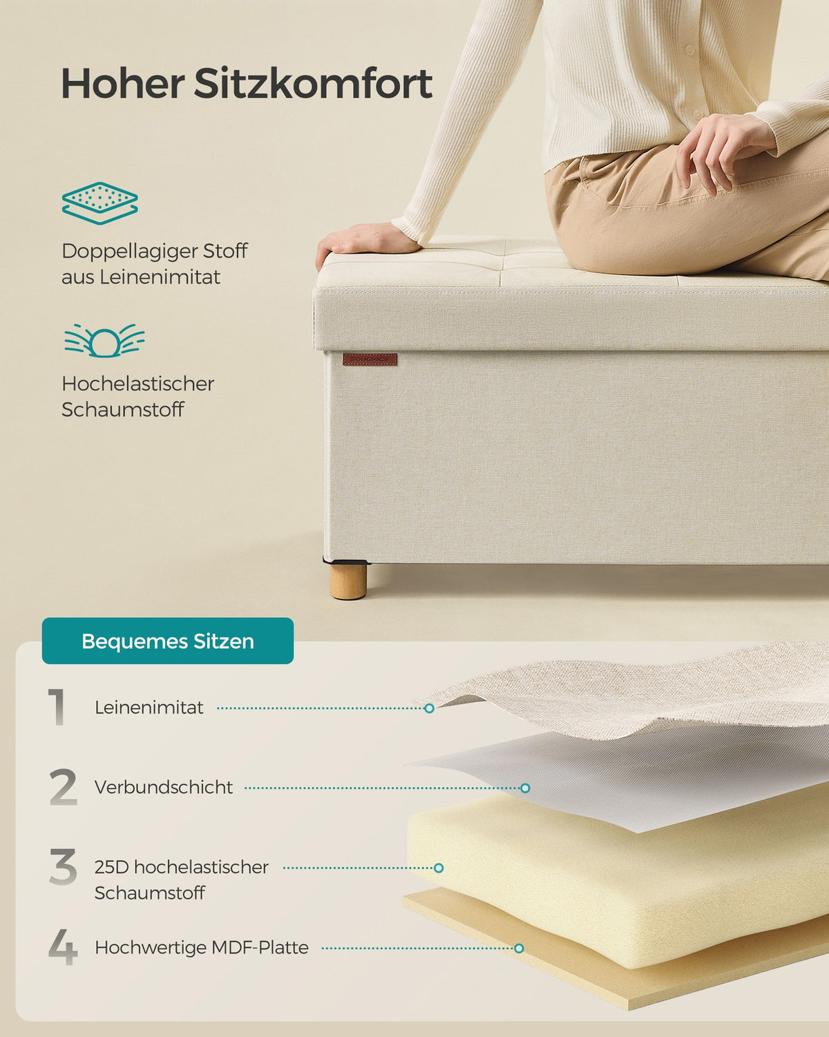 Opbergbank met Houten Pootjes – Opvouwbare Hocker in Linnenlook – Tot 300 kg – 76 of 110 cm