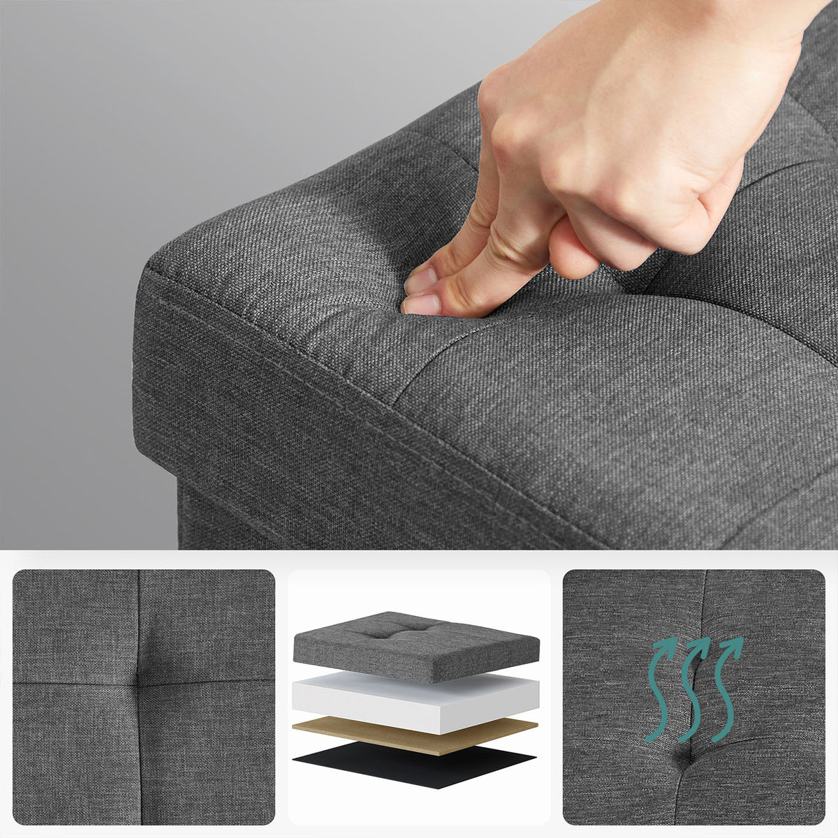 Opbergbank met Houten Pootjes – Opvouwbare Hocker in Linnenlook – Tot 300 kg – 76 of 110 cm