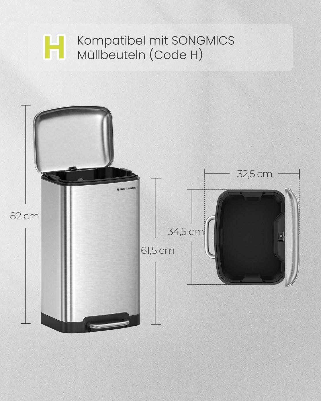 Pedaalemmer 30 Liter – Prullenbak met Softclose-deksel – Uitneembare Binnenemmer – 34 x 25 x 61,5 cm