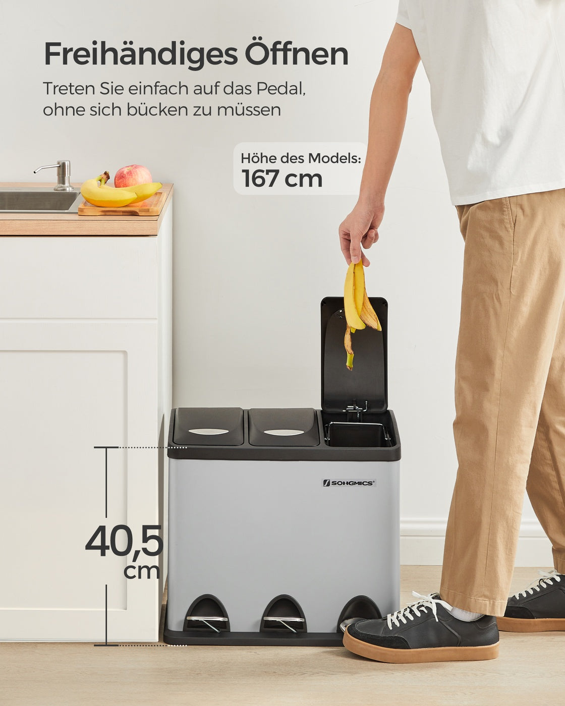 Prullenbak met 3 Vakken – Pedaalemmer voor Afvalscheiding – 3 x 8 Liter – Uitneembare Binnenemmers