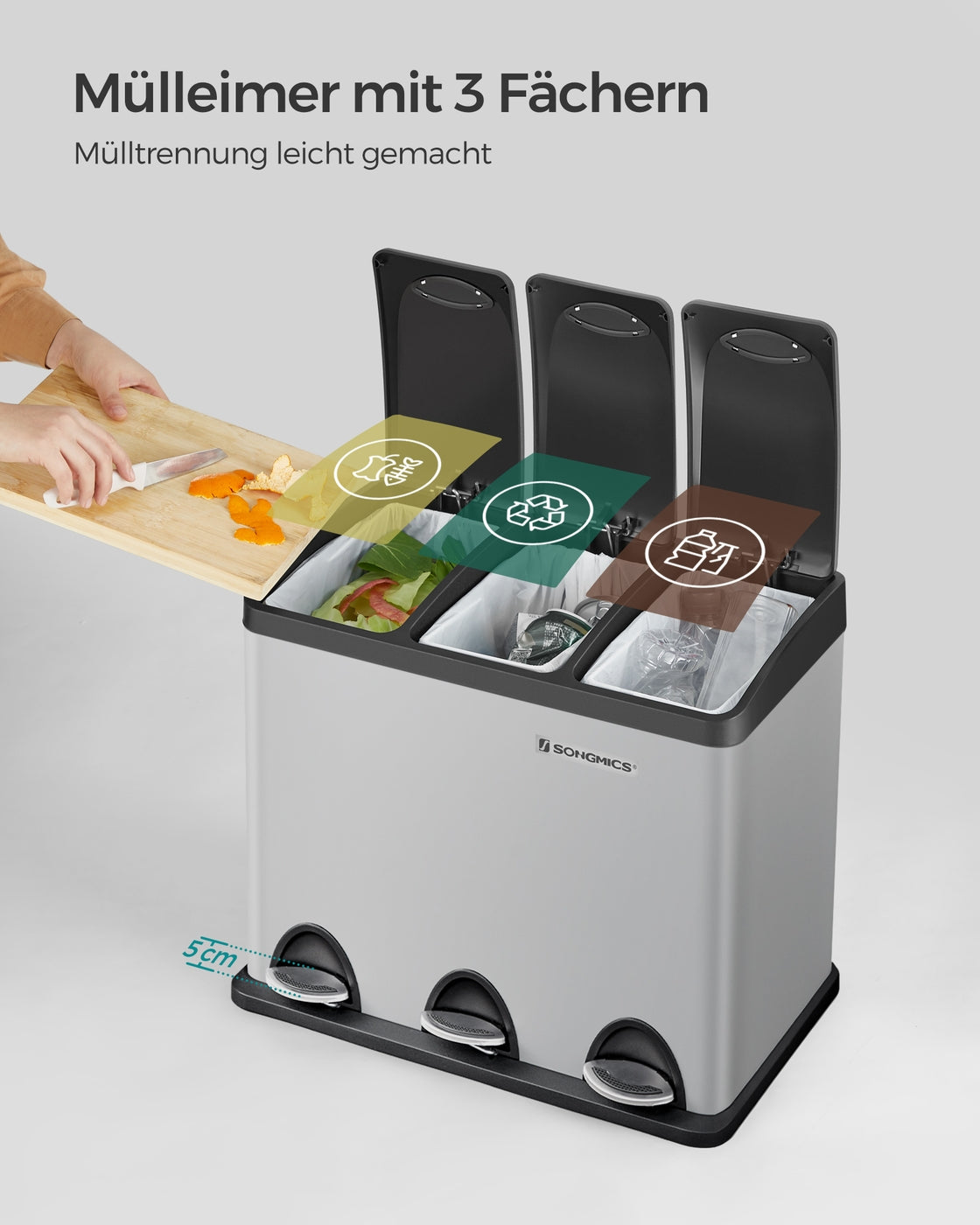 Prullenbak met 3 Vakken – Pedaalemmer voor Afvalscheiding – 3 x 8 Liter – Uitneembare Binnenemmers